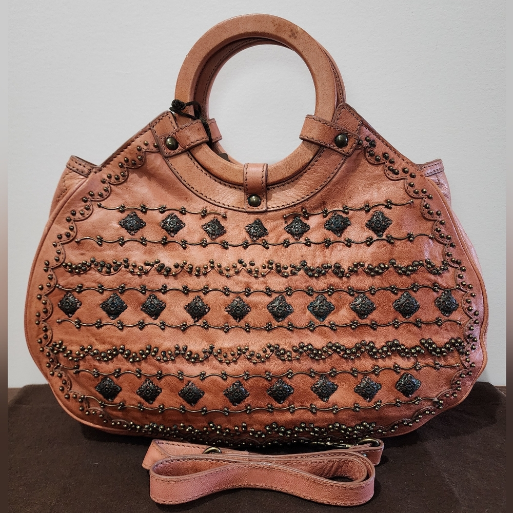 Isabella Fiore Tan Leather Handbag/Crossbody Metal Beads & Stamped Medallions